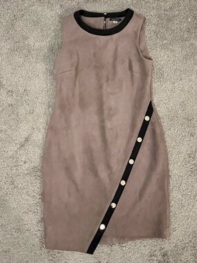 Tommy Hilfiger Taupe Midi Dress with Black Trim and Button Detail